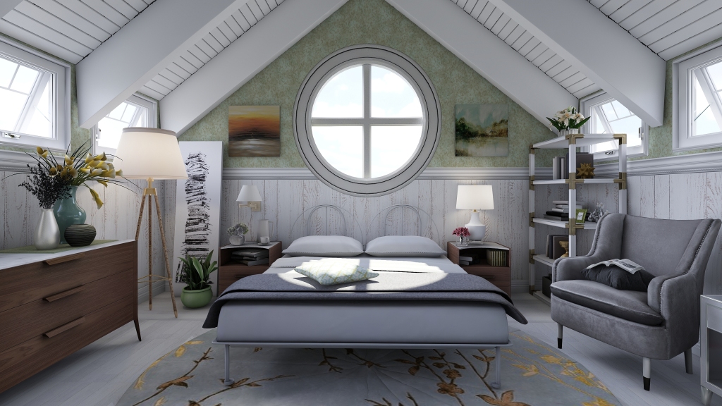 Rustic Farmhouse Airy Attic Bedroom Green White Grey 3d design renderings