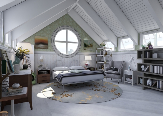 Rustic Farmhouse Airy Attic Bedroom Design Rendering