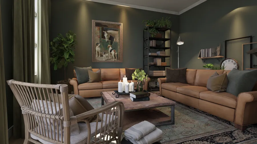 Modern Traditional A mid century modern living room for vintage contest Green Beige Orange 3d design renderings