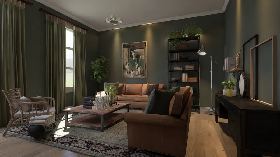 Modern Traditional A mid century modern living room for vintage contest Green Beige Orange 3d design renderings