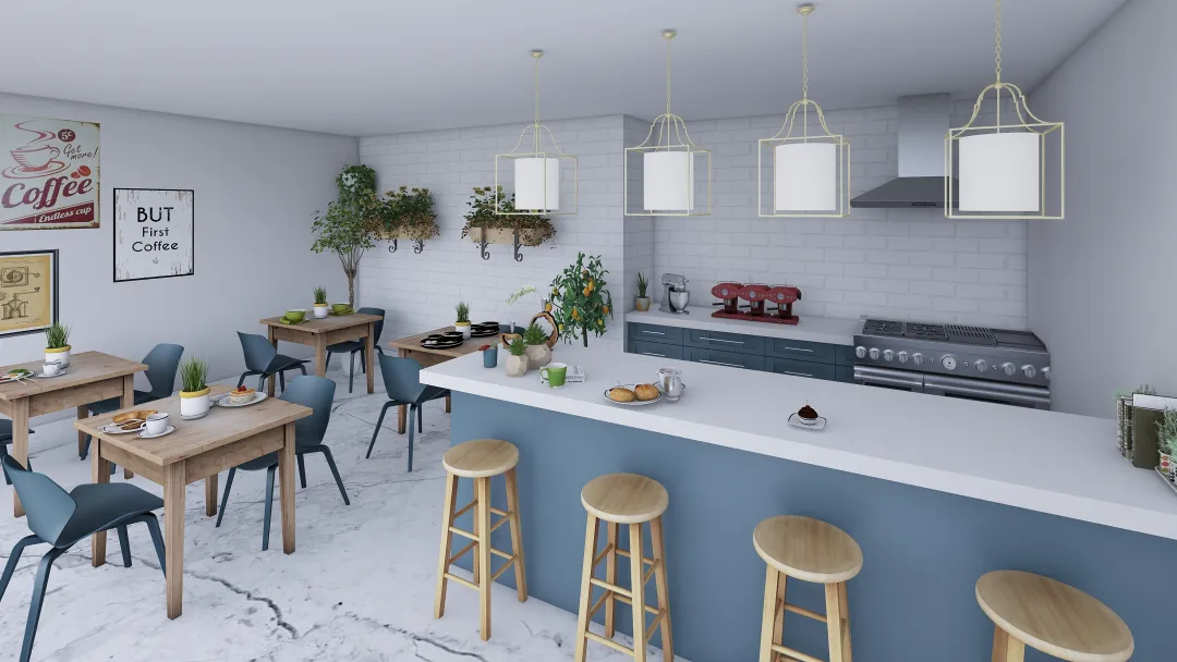 Bohemian TropicalTheme coffe house White Blue Beige 3d design renderings