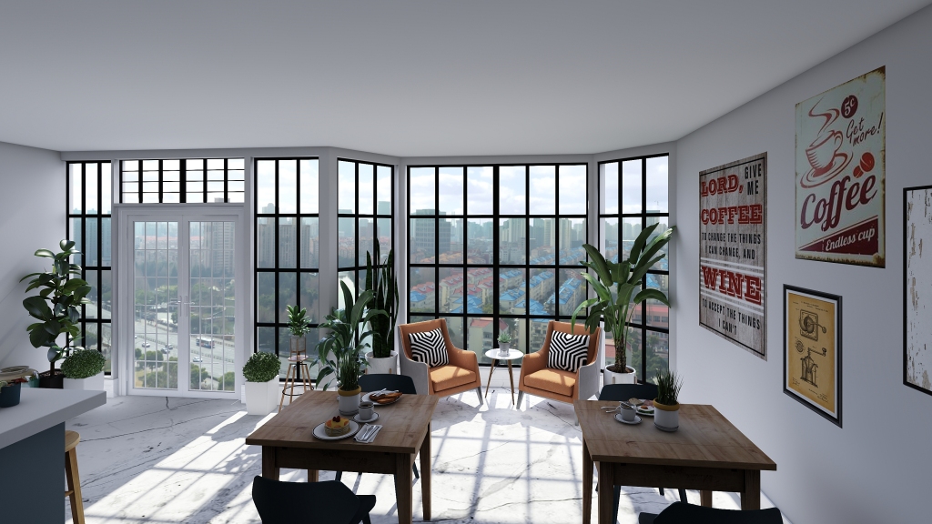 Bohemian TropicalTheme coffe house White Blue Beige 3d design renderings