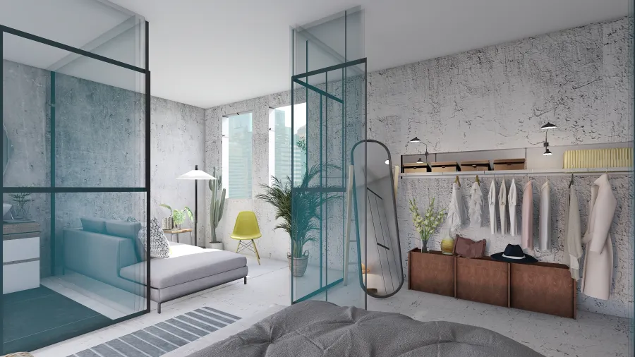 Modern Bohemian Rustic Modern bedroom  Grey White 3d design renderings