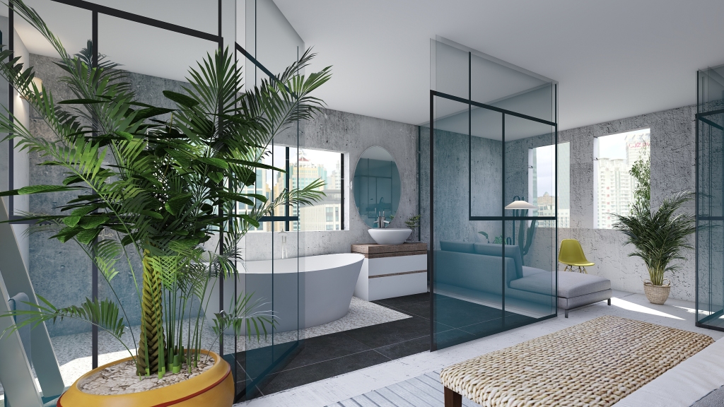 Modern Bohemian Rustic Modern bedroom  Grey White 3d design renderings