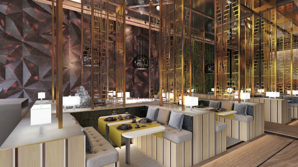 ArtDeco Modern ristorante Asiatico Black Yellow 3d design renderings