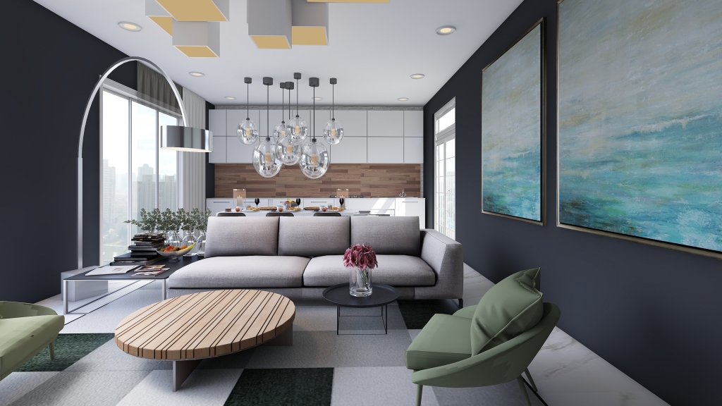 Modern Contemporary living Blue Grey 3d design renderings
