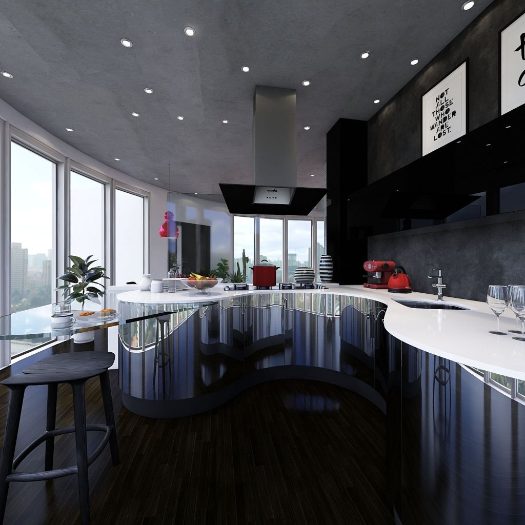 Bauhaus Modern Red Black White Living Room 3d design renderings