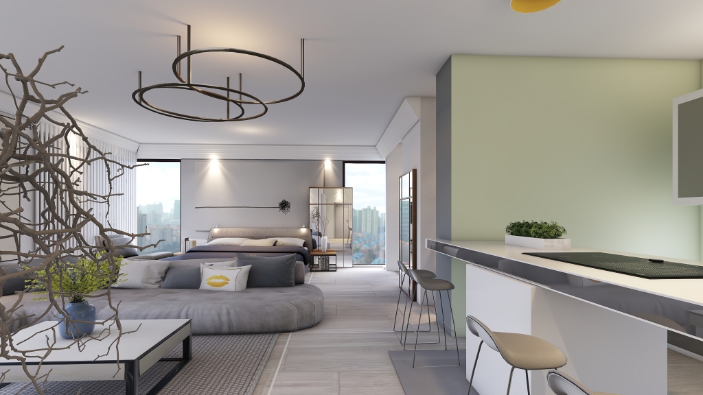 Contemporary Studio apartment Grey Green Beige 3d design renderings