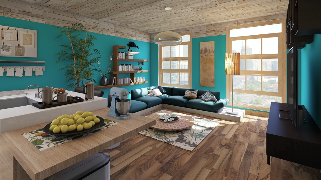 Rustic Contemporary  Blue&Wood Blue WoodTones Black 3d design renderings