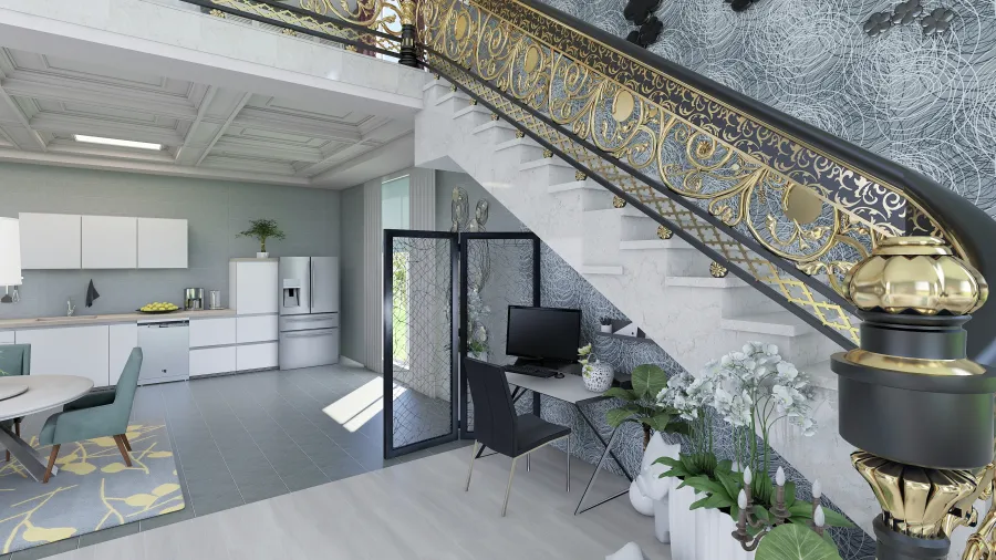 ArtDeco Blue White Grey Yellow Living Room 3d design renderings