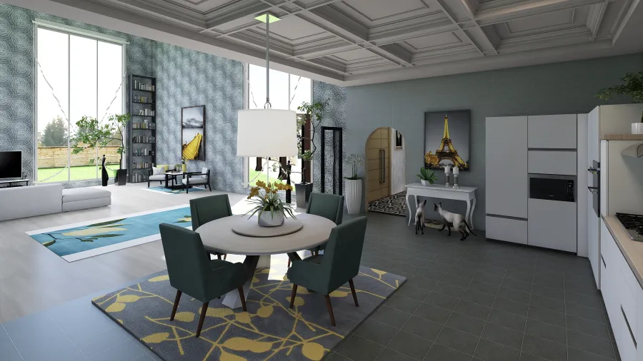 ArtDeco Blue White Grey Yellow Kitchen 3d design renderings