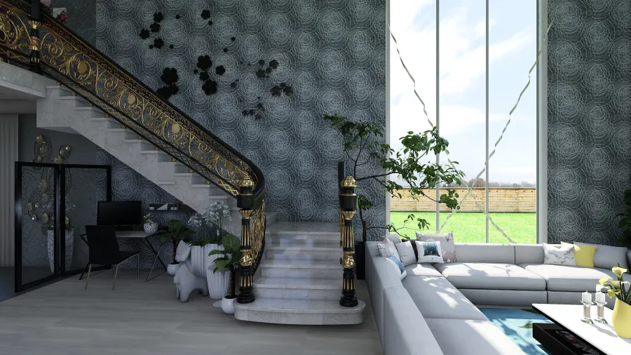 ArtDeco Blue White Grey Yellow Living Room 3d design renderings