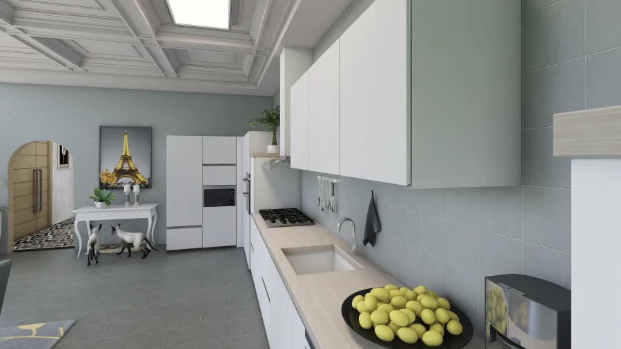 ArtDeco Blue White Grey Yellow Kitchen 3d design renderings
