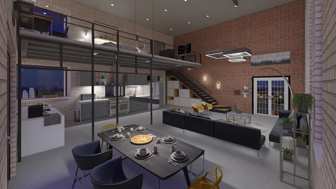 Industrial Modern Loft Grey Blue 3d design renderings