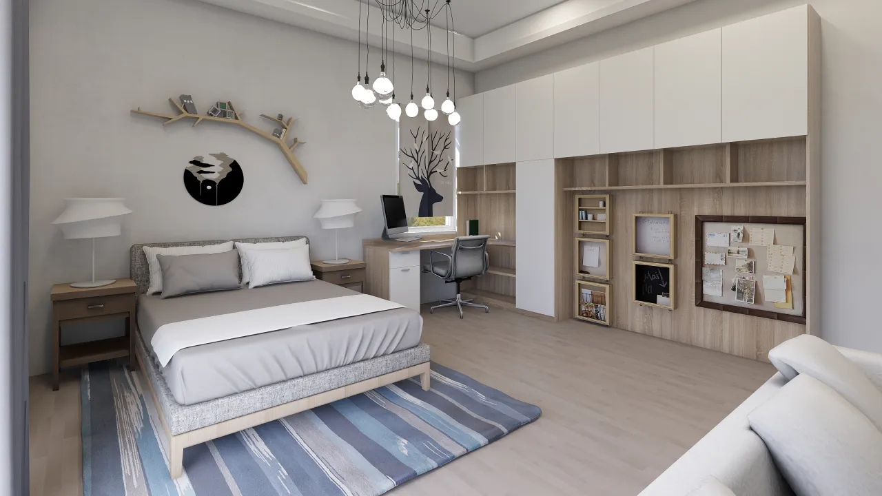Modern Contemporary Grey WoodTones Blue White Bedroom 3d design renderings
