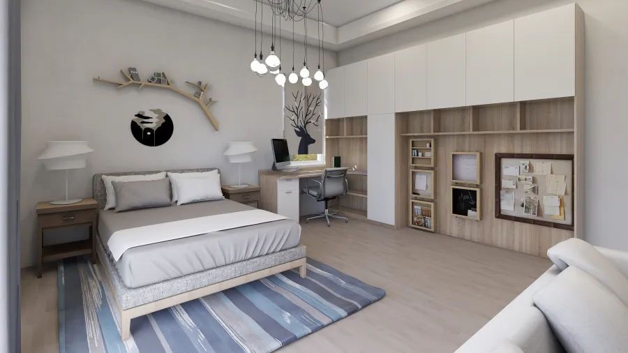Modern Contemporary Grey WoodTones Blue White Bedroom 1 3d design renderings