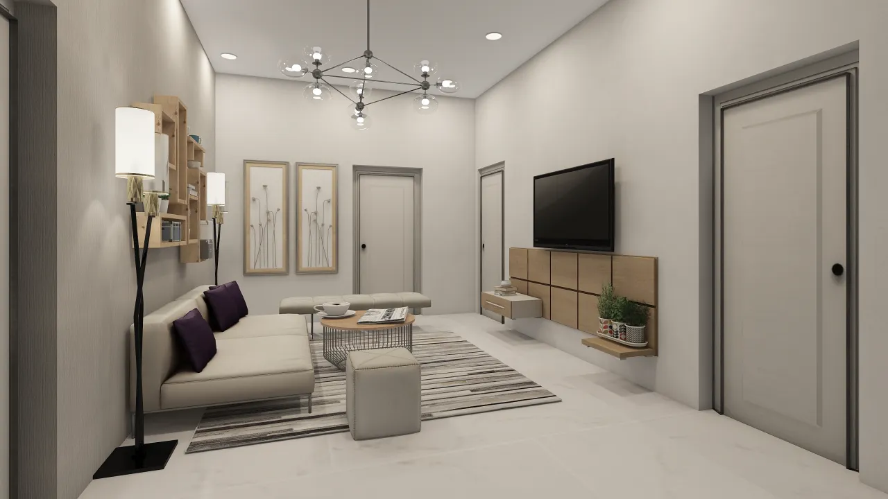 Modern Contemporary Grey WoodTones Blue White LivingRoom 3d design renderings
