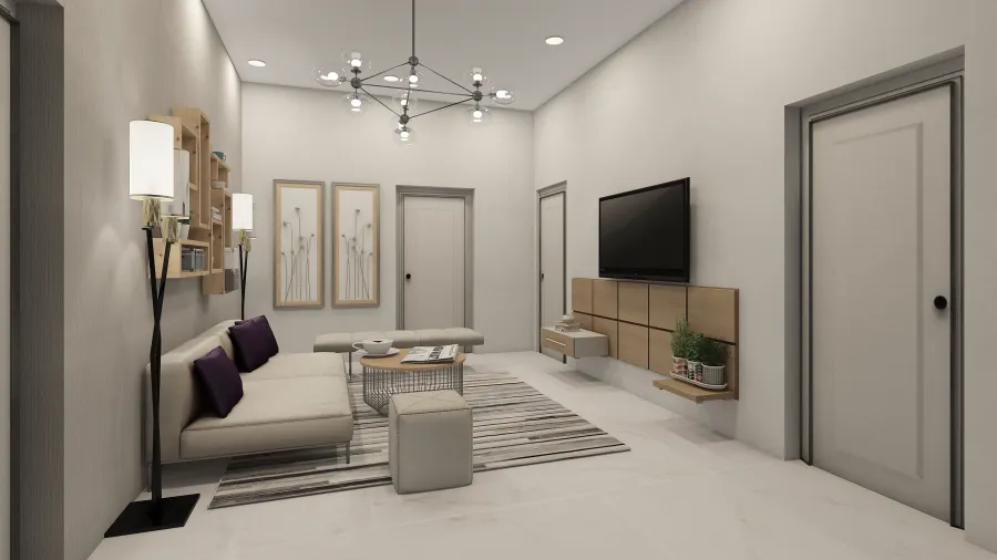 Modern Contemporary Grey WoodTones Blue White Living Room 3d design renderings
