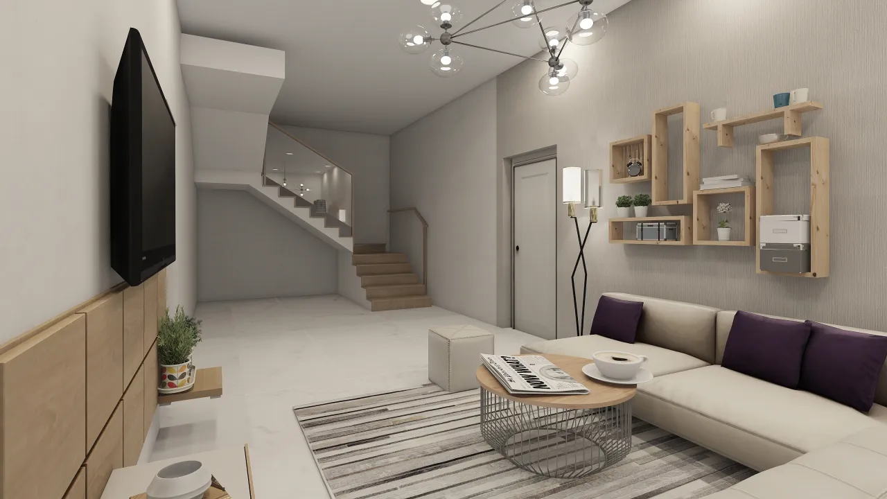 Modern Contemporary Grey WoodTones Blue White LivingRoom 3d design renderings
