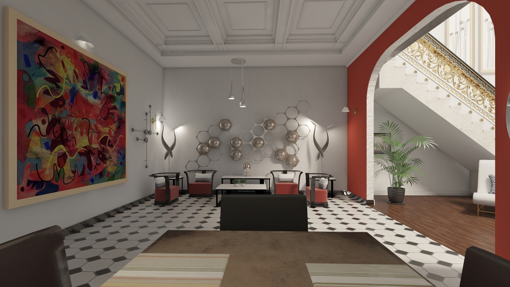 Traditional ArtDeco Industrial White Black Red Unnamed space 3d design renderings