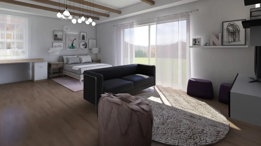 Modern Contemporary Grey WoodTones Blue White Bedroom2 3d design renderings
