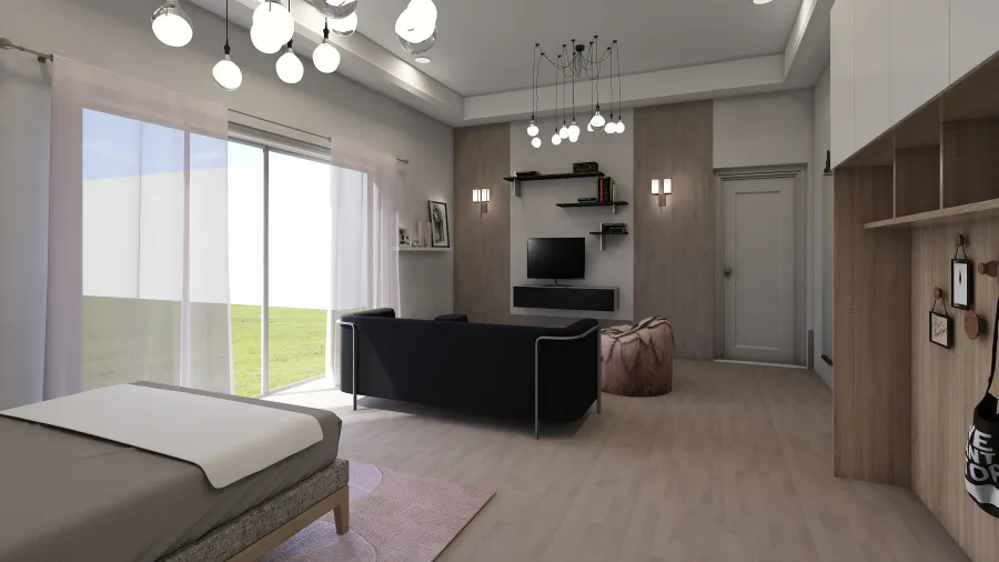 Modern Contemporary Grey WoodTones Blue White Bedroom2 3d design renderings