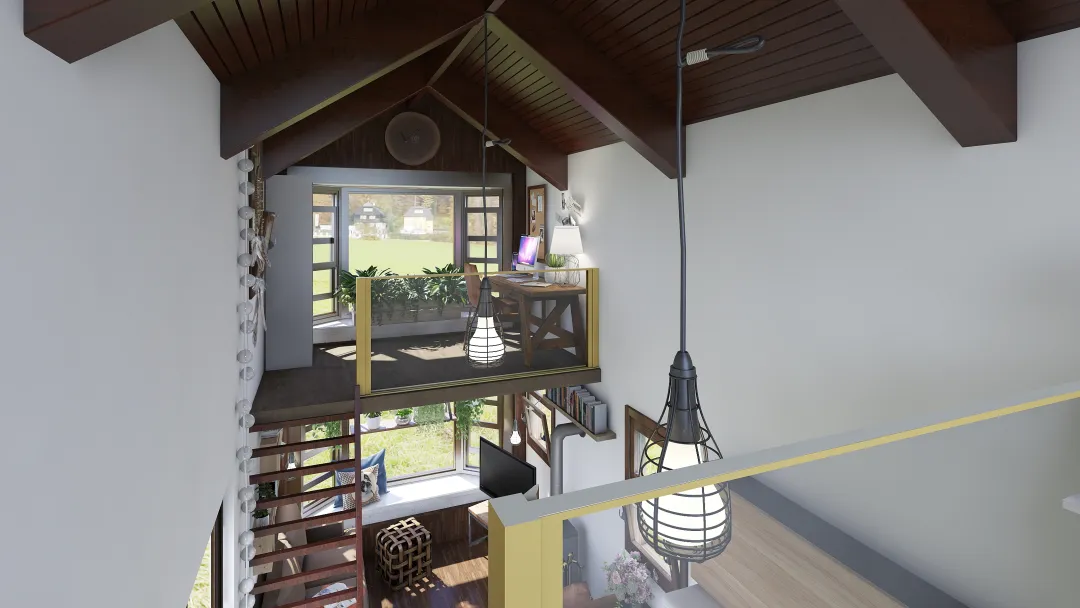 Rustic Farmhouse Off-Grid Tiny Home WoodTones 3d design renderings