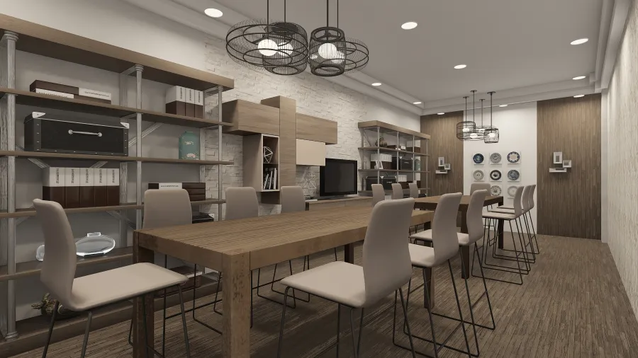 Modern Contemporary Grey WoodTones Blue White Multifunctional Room 3d design renderings