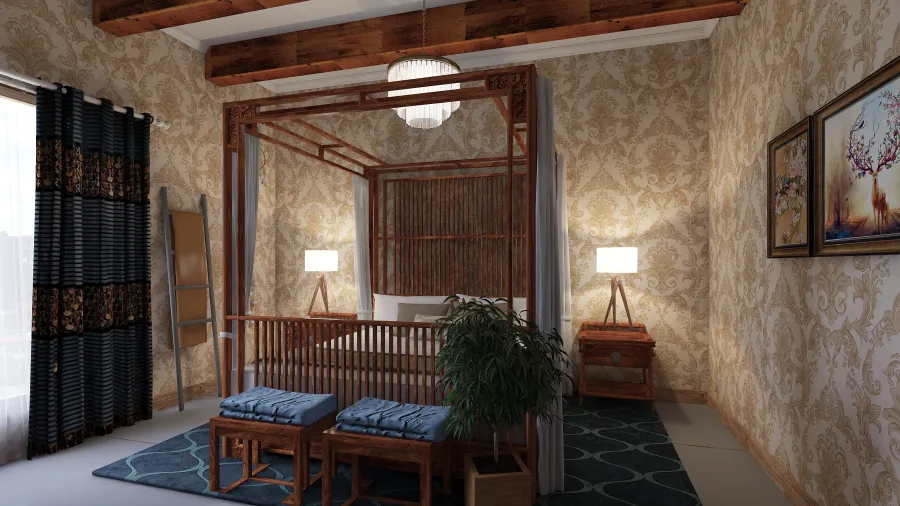 Mediterranean Rustic Blue Beige Bedroom 3d design renderings