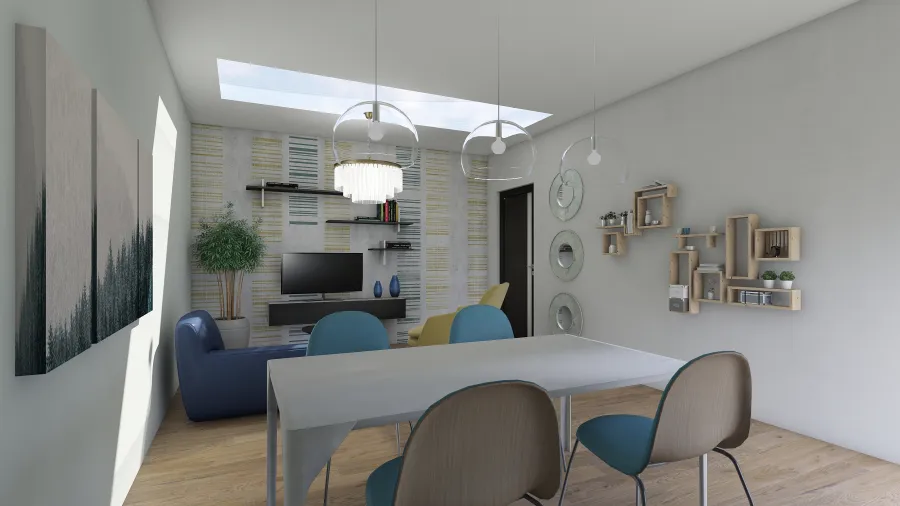 Contemporary Modern White Blue Yellow Green Living and Dining Room2 3d design renderings