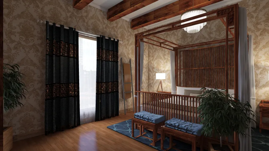 Mediterranean Rustic Blue Beige Bedroom 3d design renderings