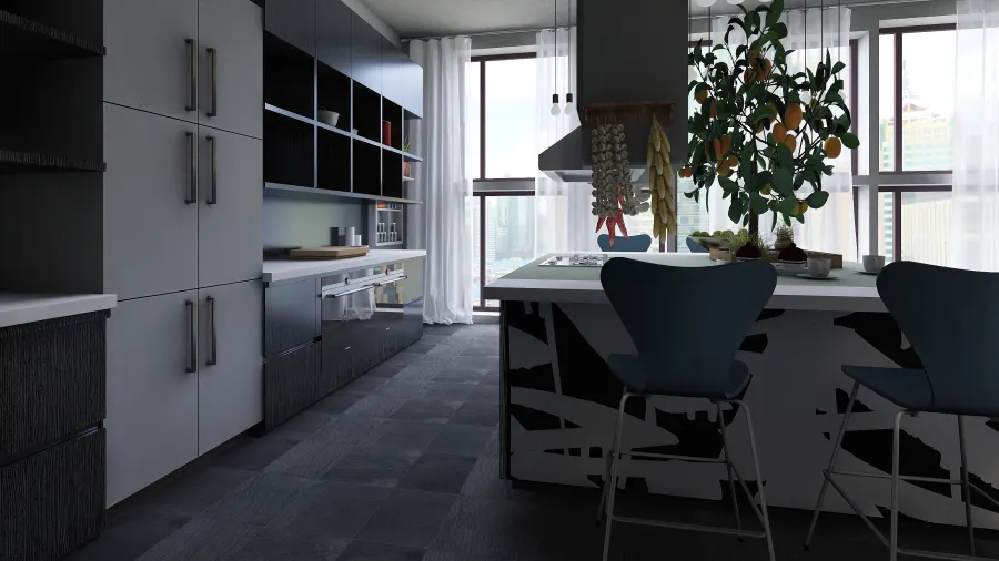 Contemporary Modern Black White Grey Kitchen 3d design renderings