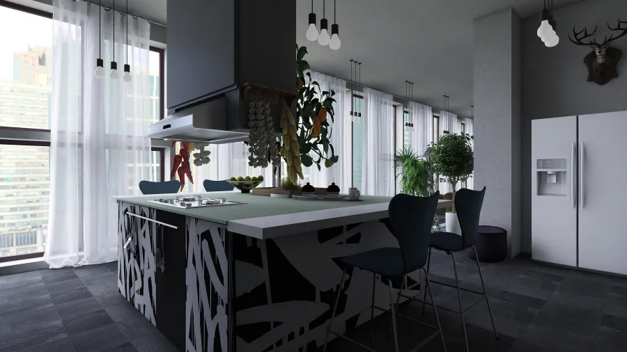 Contemporary Modern Black White Grey Kitchen 3d design renderings