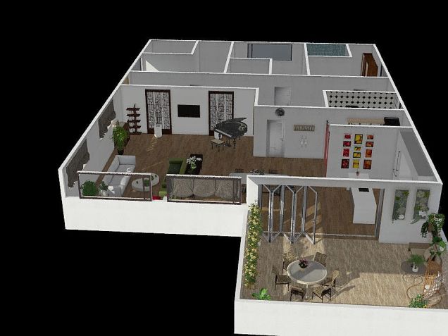 kitchen, dining and living room, and terrace 