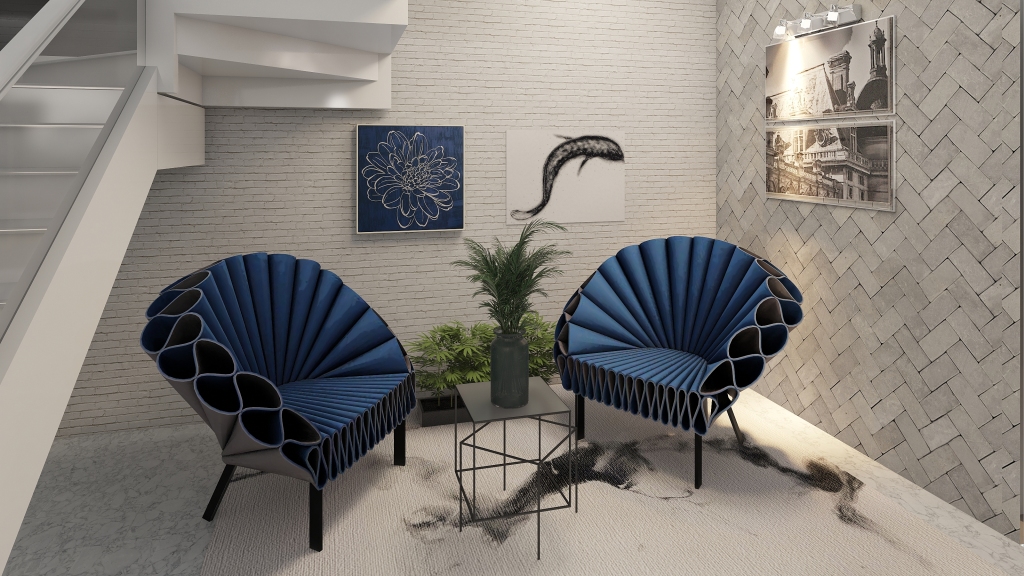 Modern Contemporary Black White Blue Grey Living Room and dining room 3d design renderings