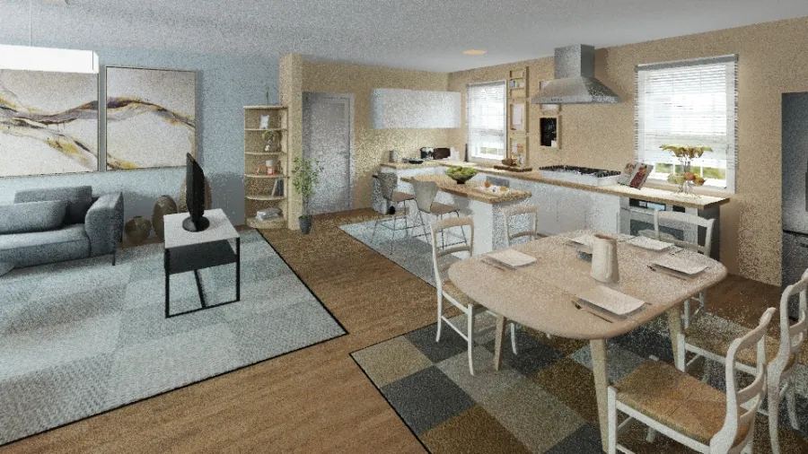 Living Room, Dining Room, and Kitchen. 3d design renderings