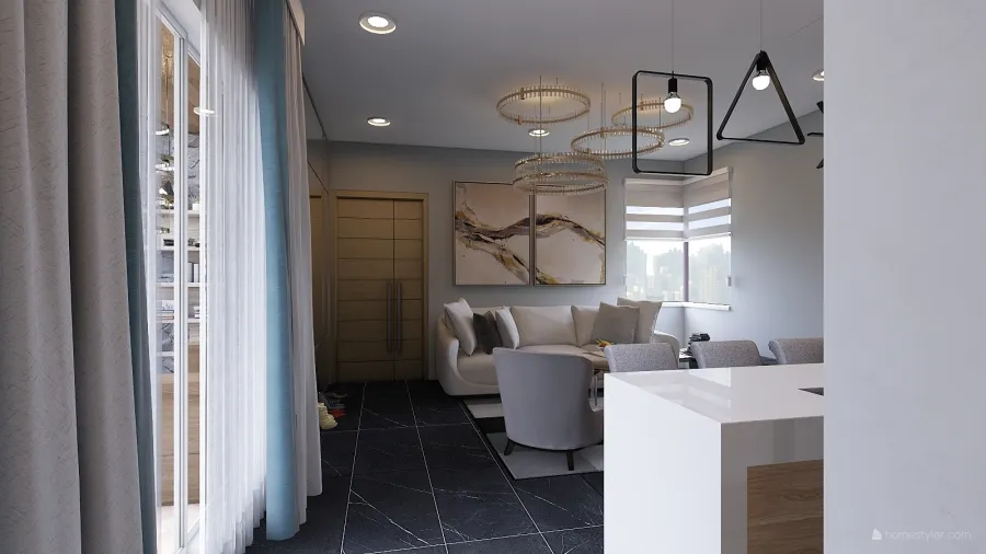Modern ArtDeco Beige Grey White Living and Dining Room 3d design renderings