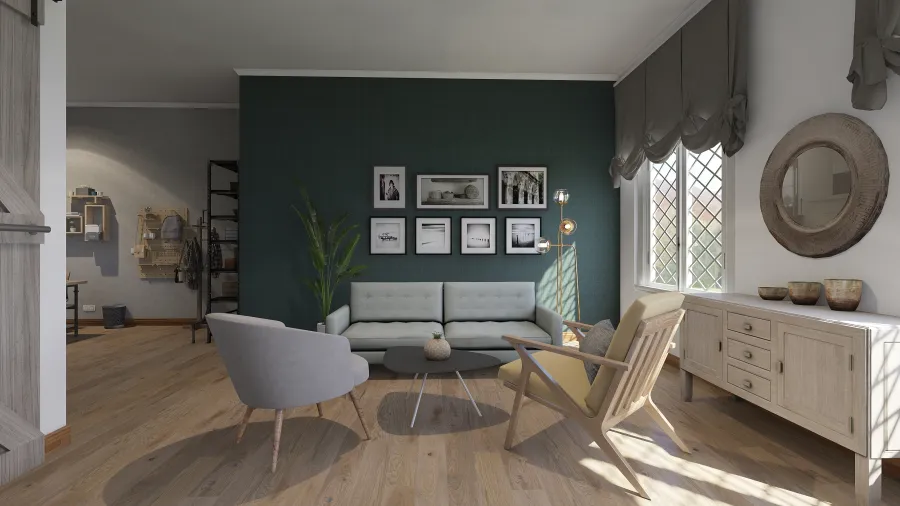 Modern Rustic WoodTones Grey Yellow Green Bedroom 3d design renderings
