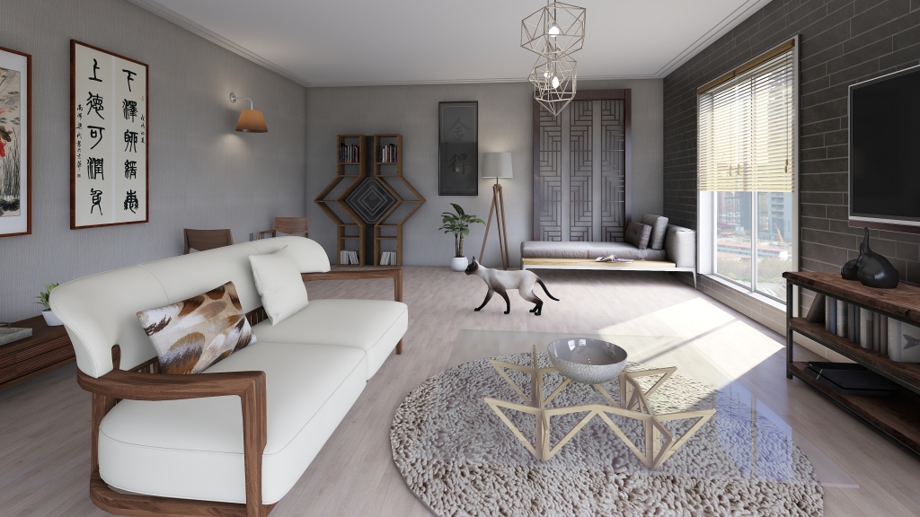Asian asian-style room White Beige 3d design renderings
