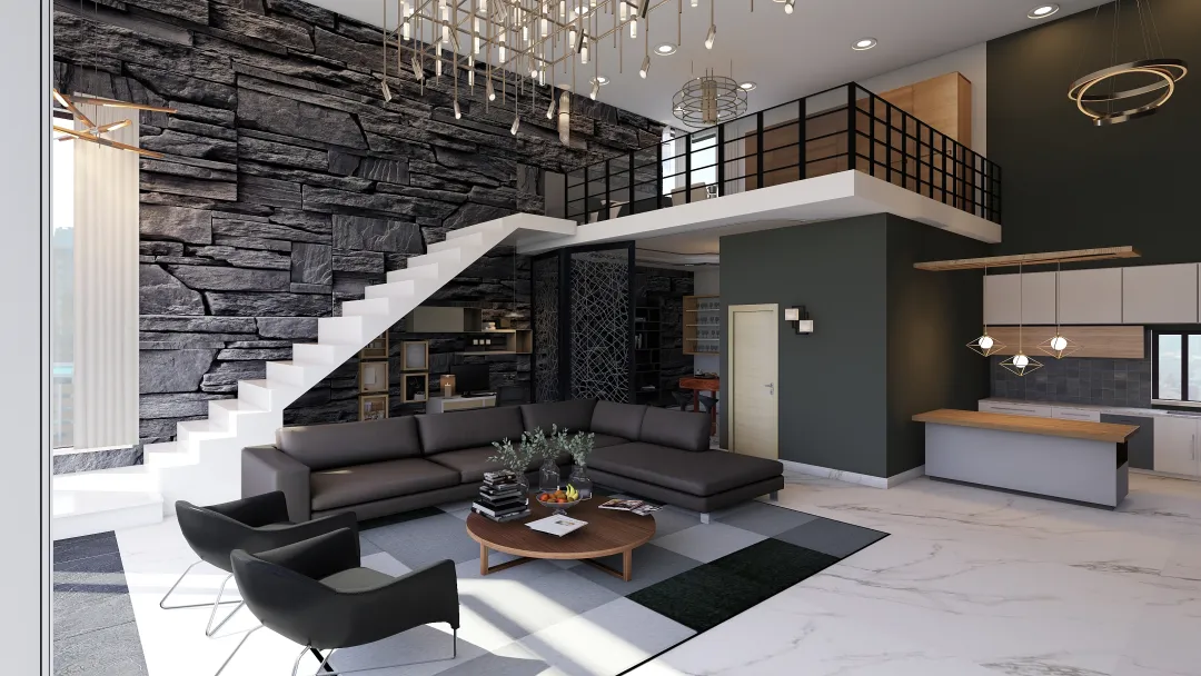 ArtDeco Modern double height living Black White Grey 3d design renderings