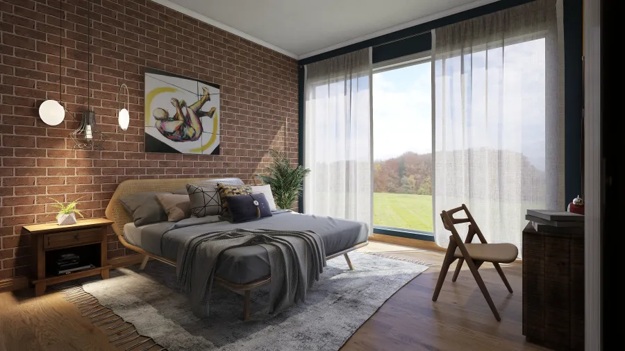 Modern Rustic WoodTones Grey Yellow Green Living Room 3d design renderings