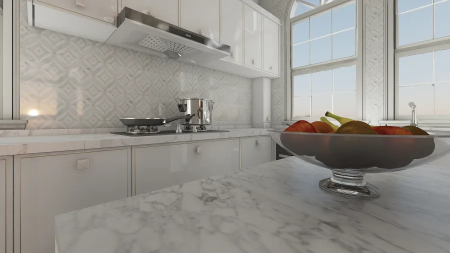 ArtDeco Contemporary White Beige Kitchen 3d design renderings