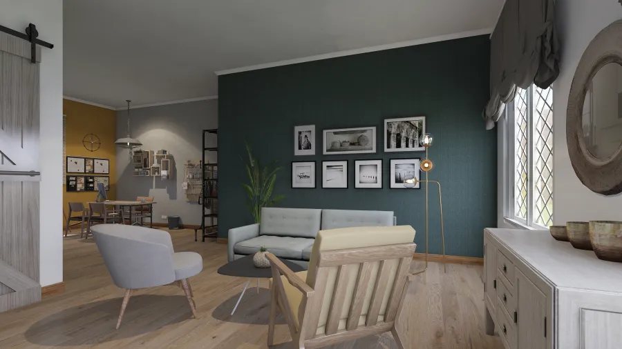 Modern Rustic WoodTones Grey Yellow Green Bedroom 3d design renderings