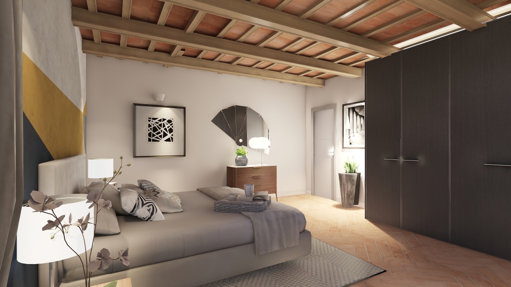 Farmhouse Modern Grey WoodTones White Bedroom 3d design renderings