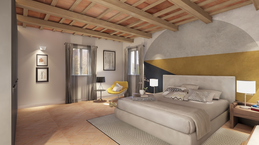 Farmhouse Modern Grey WoodTones White Bedroom 3d design renderings