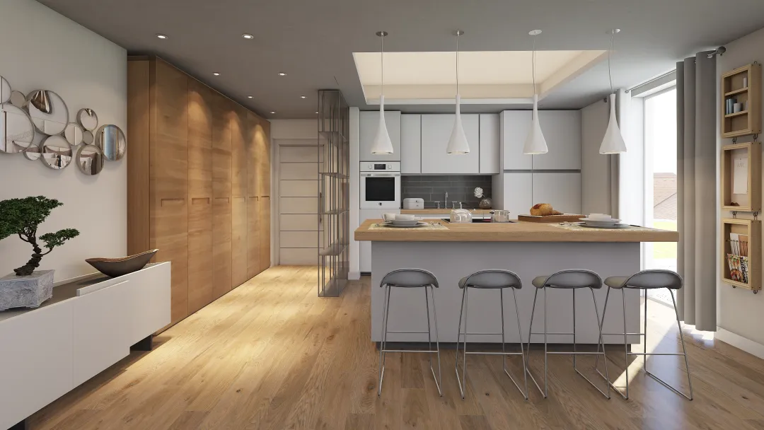 Contemporary Living ROOM and Kitchen in Cormano WoodTones Beige 3d design renderings