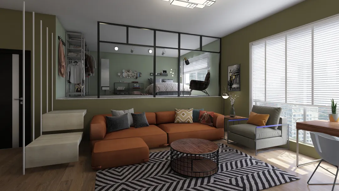 Contemporary Modern studio Orange Green Grey Beige 3d design renderings