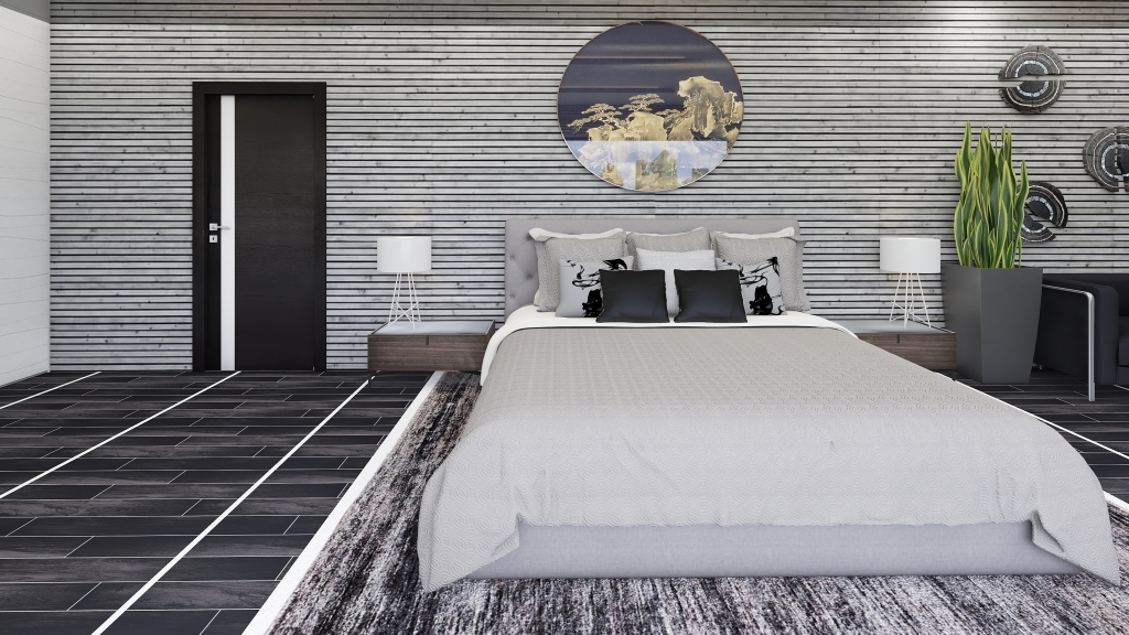 Scandinavian Bauhaus Modern Grey Black White Bedroom1 3d design renderings