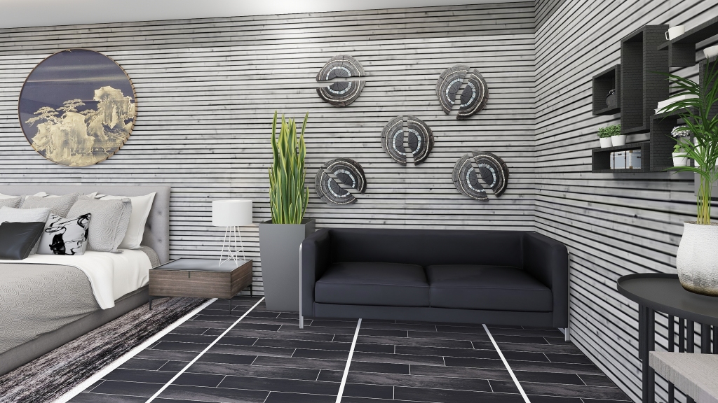 Scandinavian Bauhaus Modern Grey Black White Bedroom1 3d design renderings