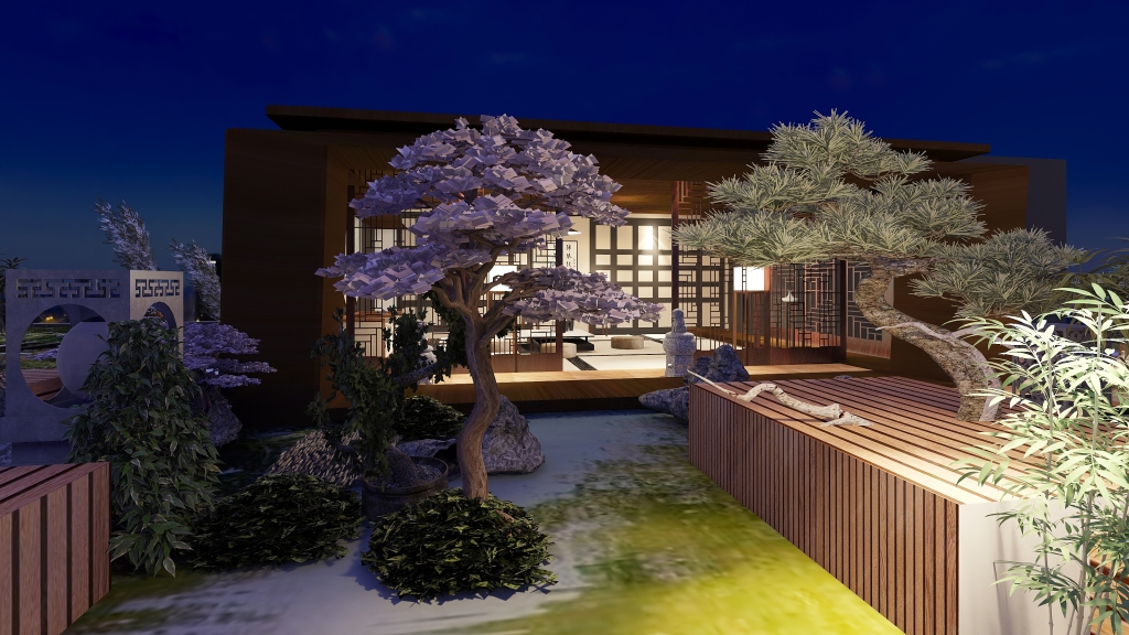 Asian WabiSabi Asian house WoodTones 3d design renderings